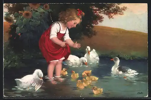 Künstler-AK Marie Flatscher (M.FL.): Mädchen mit Enten und Küken am Ufer, Sonnenblume