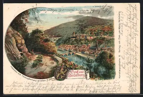 Lithographie Heidelberg, Panorama der Stadt mit dem Schloss vom Philosophenweg, Stadtwappen