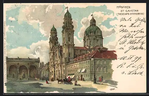 Lithographie München, Theatinerhofkirche, Odeonsplatz