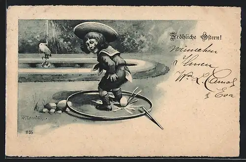 Künstler-AK F. Gareis: Junge im Matrosenanzug mit Ei und Reifen, Ostergruss