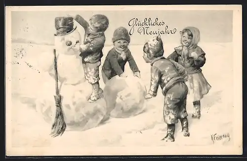 Künstler-AK Karl Feiertag: Kinder bauen einen Schneemann, Neujahrsgruss