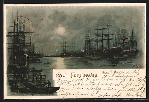 Künstler-AK A. Heide: Hamburg, Im Segelschiffhafen bei Vollmond