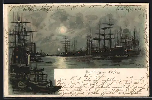 Künstler-AK A. Heide: Hamburg, Im Segelschiffhafen bei Vollmond