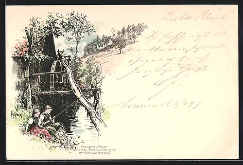 Künstler-AK Wilhelm Hasemann: Schwarzwälder Tracht, Kinderpaar beim Angeln