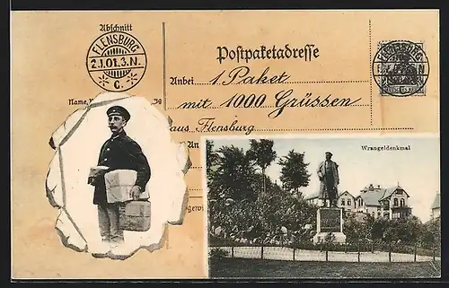 AK Flensburg, Wrangel-Denkmal, Briefträger mit Paketen, Paketschein-Formular