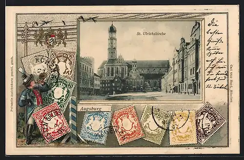 Passepartout-Lithographie Augsburg, St. Ulrichskirche, Postillon, Briefmarken, Wappen
