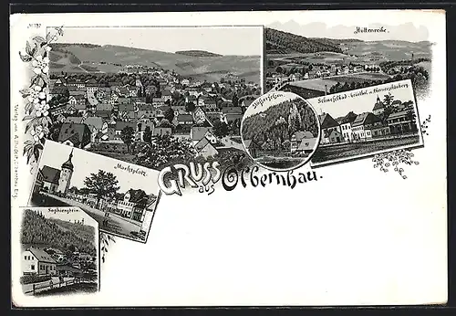 Lithographie Olbernhau, Sophienstein, Marktplatz, Hüttenreihe, Ortsansicht aus der Vogelschau