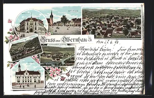 Lithographie Olbernhau, Kupferhammer Grünthal, Postamt, Marktplatz, Ortsansicht