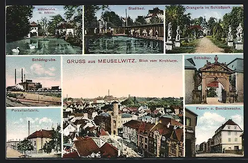 AK Meuselwitz, Schädegrube, Porzellanfabrik, Feuer- und Sanitätswache