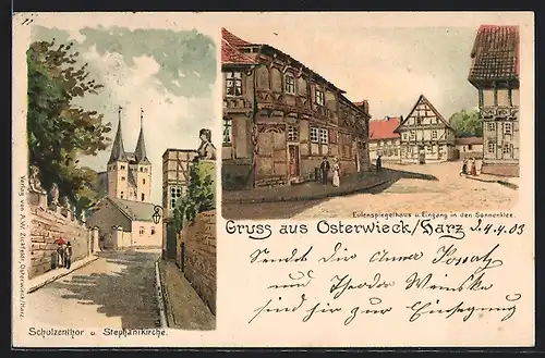 Lithographie Osterwieck / Harz, Eulenspiegelhaus u. Eingang in den Sonnenklee, Schulzenthor & Stephanikirche
