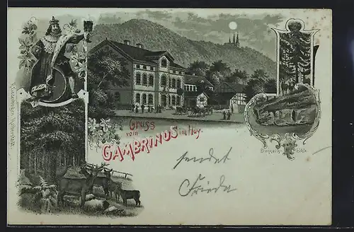 Mondschein-Lithographie Dingelstedt, Gasthaus Gambrinus im Huy, Danneils-Höhle