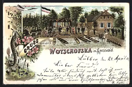 Lithographie Lübbenau, Gasthaus Wotschofska im Spreewald, Gartenansicht mit Kähnen, Aal an der Angel