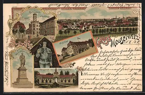 Lithographie Meuselwitz, Orangerie im Schlossgarten, Schloss, Rathaus mit Stadthaus