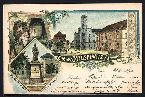 Lithographie Meuselwitz, Kaiser Wilhelm-Denkmal, Stadthaus, Zwerg in Mine