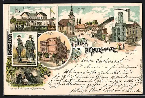 Lithographie Meuselwitz, Bahnhof, Trachtenpaar, Stadthaus, Ortspartie, Zwerg vor Stolleneingang