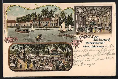 Lithographie Berlin-Oberschöneweide, Gaststätte Schlosspark Wilhelminenhof mit Garten und Tanzsaal
