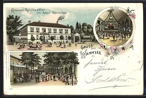 Lithographie Berlin-Wannsee, Restaurant Reichsadler R. Oelschläger mit Garten und Ballsaal