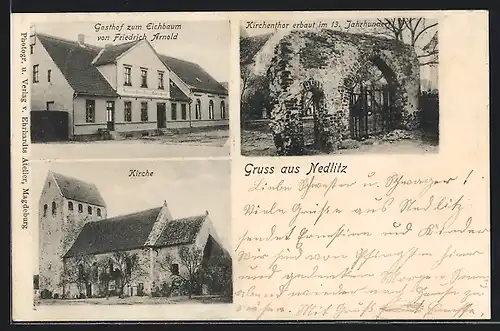 AK Nedlitz, Gasthof zum Eichbaum F. Arnold, Kirchentor-Ruine, Kirche