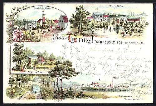 Lithographie Fürstenwalde, Gasthaus Waldschänke, Forsthaus Miegel