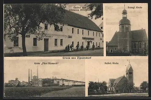 AK Zipsendorf, Gasthof zum schwarzen Ritterpferd, Kohle-Grube Fürst Bismarck, Katholische Kirche