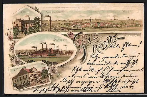 Vorläufer-Lithographie Rositz, 1895, Gasthof, Zucker-Raffinerie, Rositzer Braunkohlenwerke