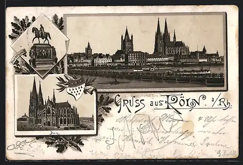 Vorläufer-Lithographie Köln, 1894, Dom, Denkmal Fried. Wilhelm III., Ortsansicht