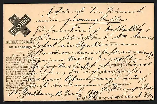 Vorläufer-AK Reklame für Chocolat Ph. Suchard, 1889, Neuchatel /Suisse, Rezept für Gateau Fondant