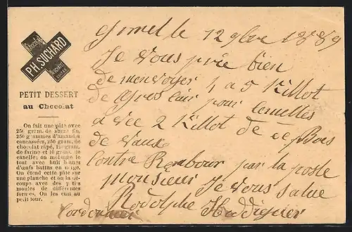 Vorläufer-AK Reklame für Chocolat Ph. Suchard, 1889, Neuchatel /Suisse, Rezept für Petit Dessert au Chocolat