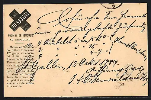 Vorläufer-AK Reklame für Chocolat Ph. Suchard, 1889, Neuchatel /Suisse, Rezept für Pudding de Semoule au Chocolat