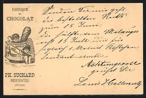 Vorläufer-AK Reklame für Fabrique de Chocolat Ph. Suchard, 1889, Neuchatel /Suisse, Trinkschokolade