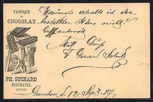 Vorläufer-AK Reklame für Fabrique de Chocolat Ph. Suchard, 1887, Neuchatel /Suisse, Kinder wollen Schokolade ergattern