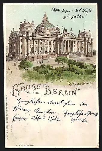 Lithographie Berlin-Tiergarten, Reichstags-Gebäude, Halt gegen das Licht: leuchtende Fenster