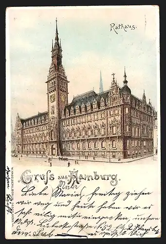 Lithographie Hamburg, Rathaus, Halt gegen das Licht: leuchtende Fenster