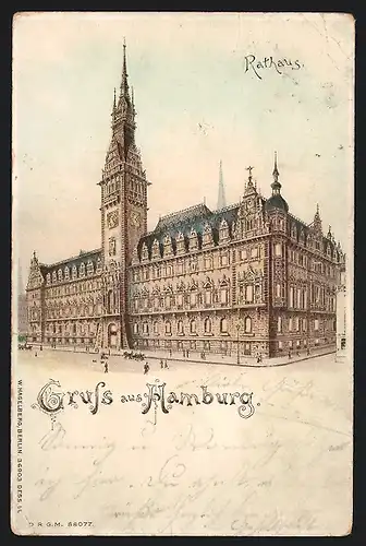 Lithographie Hamburg, Rathaus, Aussenansicht mit hell erleuchteten Fenstern, Halt gegen das Licht