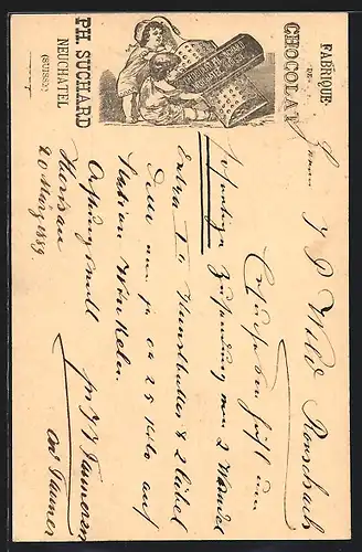 Vorläufer-AK Reklame für Fabrique de Chocolat Ph. Suchard, 1889, Neuchatel /Suisse, Däumlinge raspeln Schokolade