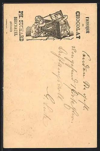 Vorläufer-AK Reklame für Fabrique de Chocolat Ph. Suchard, 1889, Neuchatel /Suisse, Däumlinge sägen Schokolade