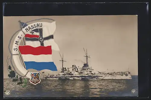 AK Kriegsschiff SMS Nassau und Reichskriegsflagge
