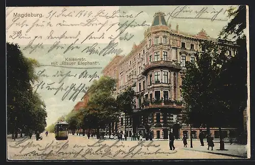 AK Magdeburg, Strassenbahn in der Kaiserstr. und Blauer Elephant