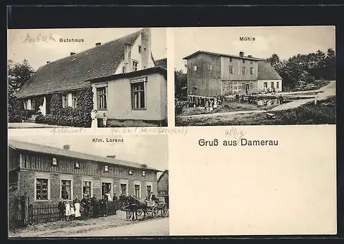 AK Damerau, Strassenpartie mit Gutshaus und Mühle, Kfm. Lorenz