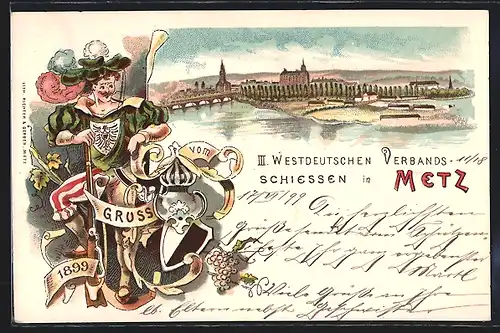Lithographie Metz, III. Westdeutsches Verbandsschiessen, Gesamtansicht mit Brücke und Kirchturm
