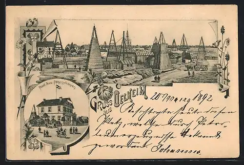 Lithographie Oelheim, Hotel Neu Pennsylvanien, Erdölfabrik