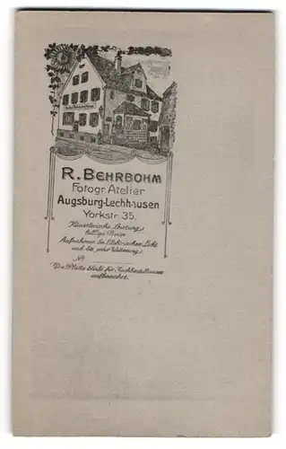 Fotografie R. Behrbohm, Augsburg-Lechhausen, Yorkstr. 35, Ansicht Augsburg, Blick auf das Atelier mit Werbeschriftzug