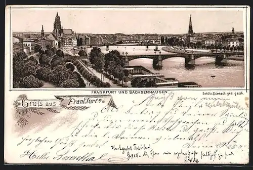 Lithographie Frankfurt a. M., Teilansicht mit Sachsenhausen