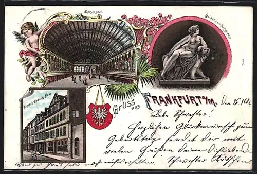 Lithographie Frankfurt am Main, Kaisersaal, Goethes Geburtshaus, Ariadne von Dannecker