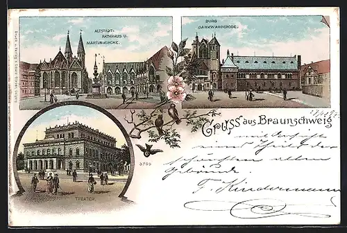 Lithographie Braunschweig, Burg Dankwarderode, Altstadt mit Rathaus und Martinikirche, Theater