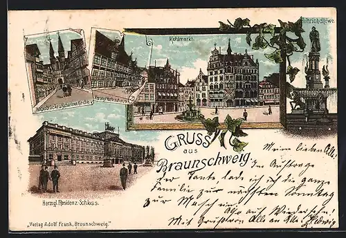 Lithographie Braunschweig, Herzogliches Residenz-Schloss, Kohlmarkt, Heinrich der Löwe