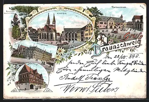 Lithographie Braunschweig, Alte Waage, Finanzgebäude, Altstadt-Markt