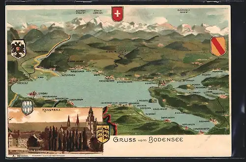 Lithographie Konstanz am Bodensee, Landkarte des Sees mit der Umgebung, Wappen der Städte am Seeufer