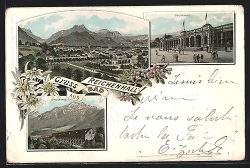 Lithographie Bad Reichenhall, Gradirhaus, Colonnade, Totalansicht