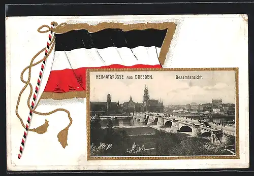 Präge-AK Dresden, Gesamtansicht mit Kirche, Fahne, Passepartout